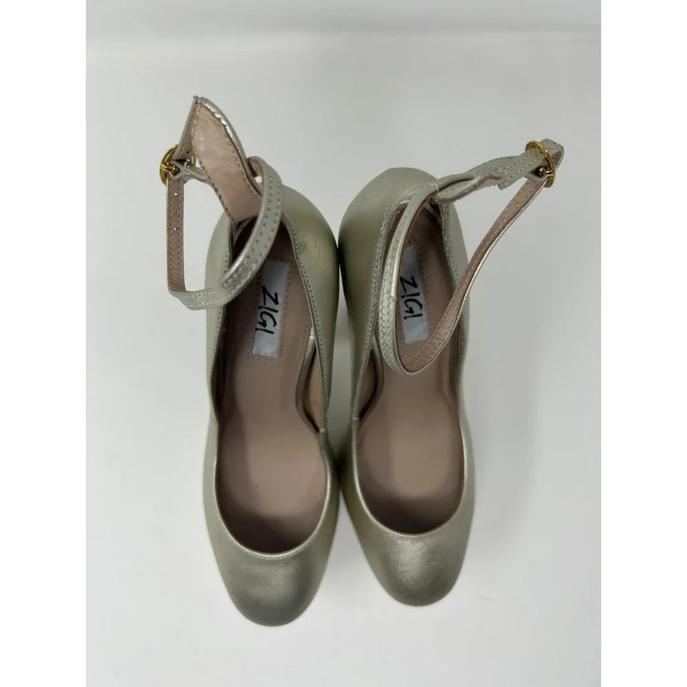 Zigi Womens Nicole Metallic Gold Platform Pumps Ankle Strap Block Heel Size 7